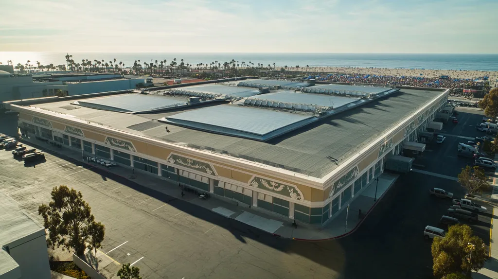A commercial roof on a convention center in a location similar to Santa Monica with a rainy day aesthetic (AI image)
