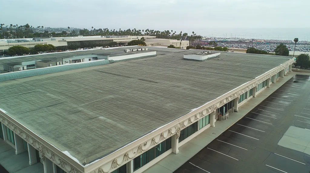 A commercial roof on a convention center in a location similar to Santa Monica with a rainy day aesthetic (AI image)