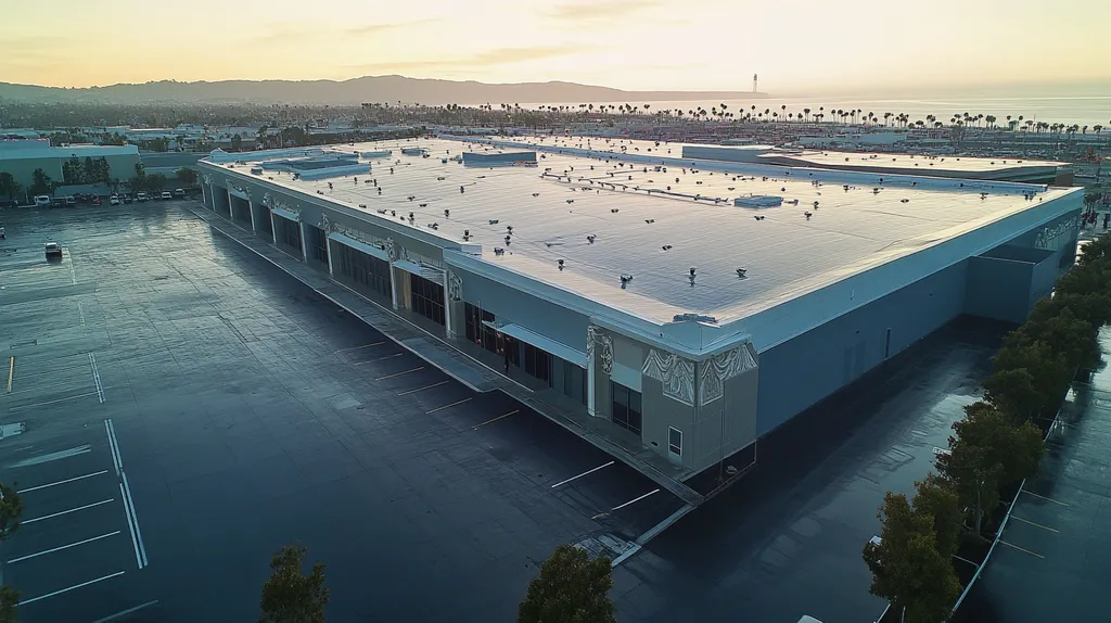 A commercial roof on a convention center in a location similar to Santa Monica with a rainy day aesthetic (AI image)