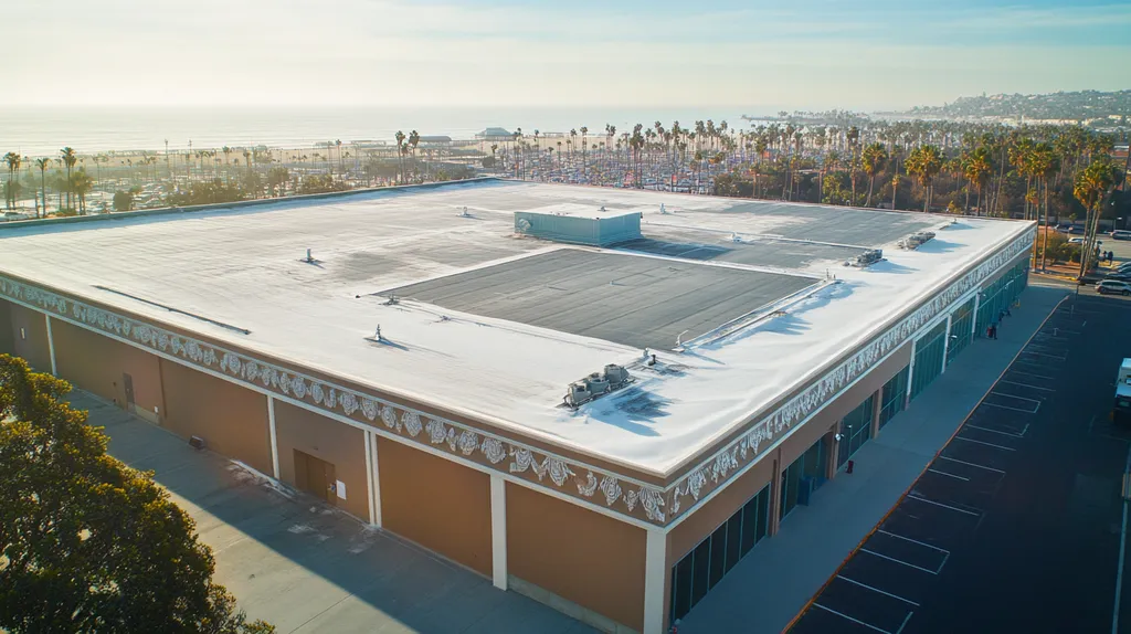 A commercial roof on a convention center in a location similar to Santa Monica with a snowy day aesthetic (AI image)