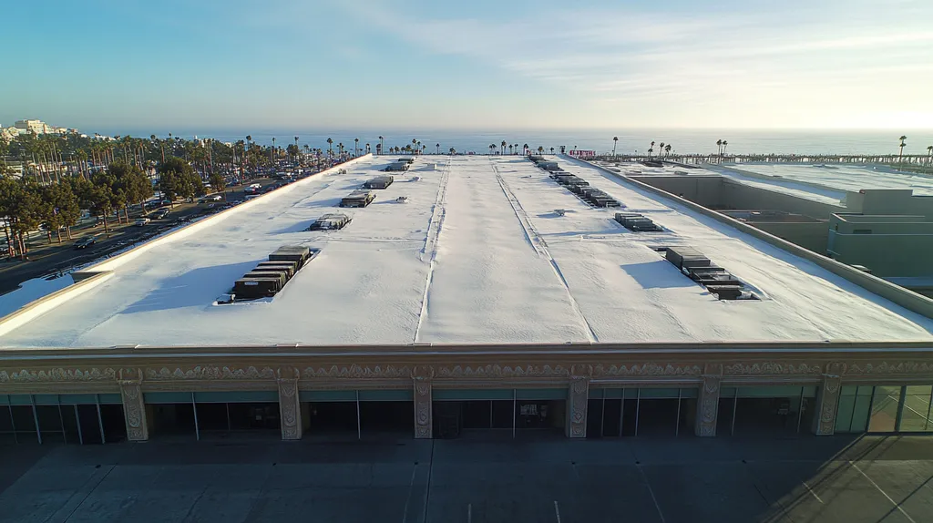 A commercial roof on a convention center in a location similar to Santa Monica with a snowy day aesthetic (AI image)