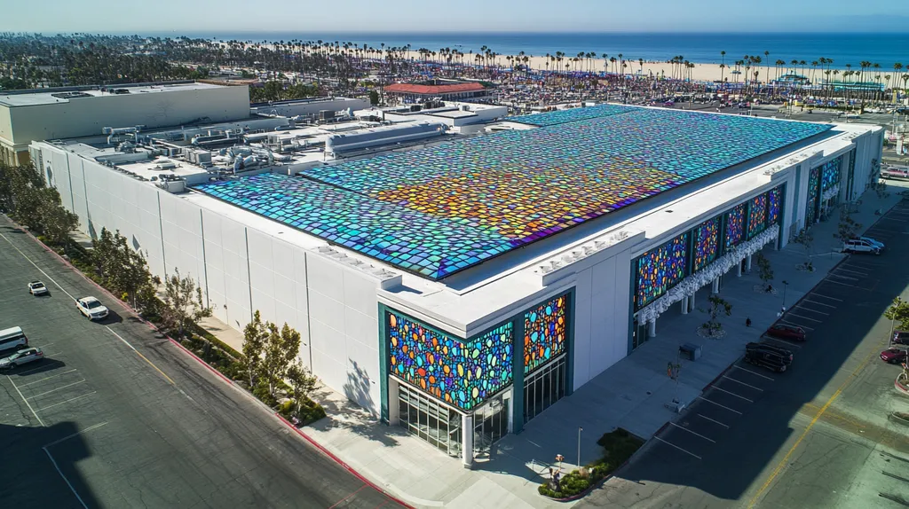 A commercial roof on a convention center in a location similar to Santa Monica with a stained glass style aesthetic (AI image)