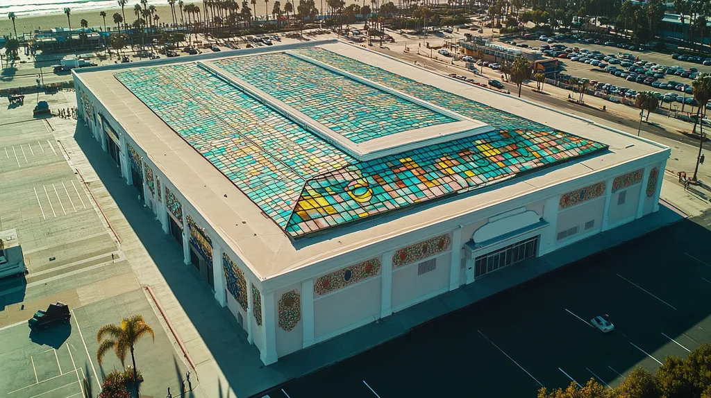 A commercial roof on a convention center in a location similar to Santa Monica with a stained glass style aesthetic (AI image)