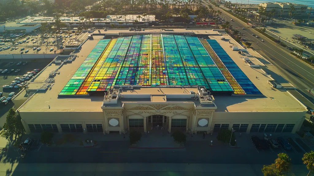 A commercial roof on a convention center in a location similar to Santa Monica with a stained glass style aesthetic (AI image)