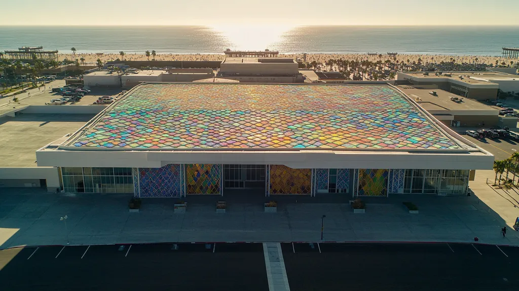 A commercial roof on a convention center in a location similar to Santa Monica with a stained glass style aesthetic (AI image)