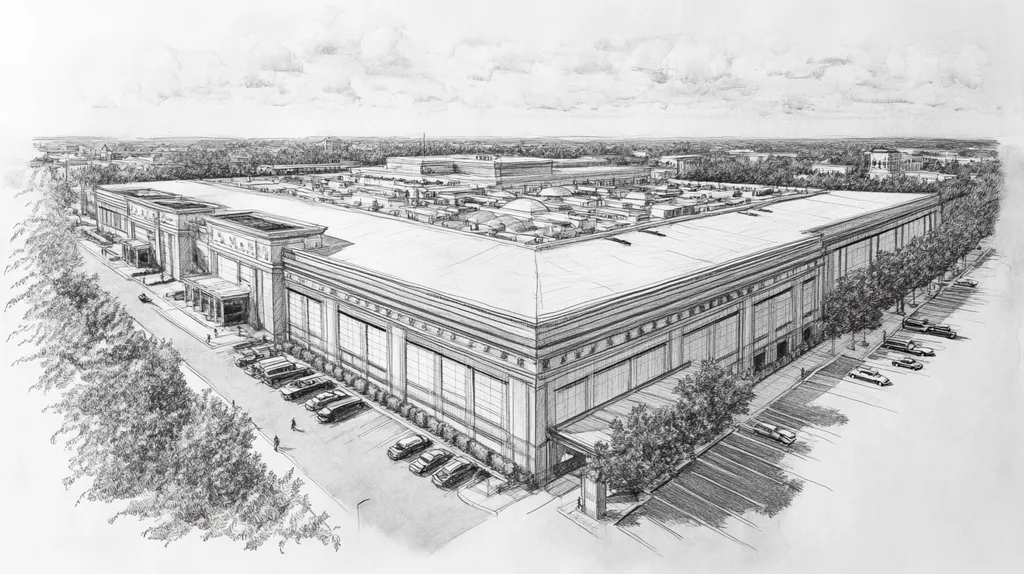 A commercial roof on a convention center in a location similar to Savannah with a charcoal sketch aesthetic (AI image)
