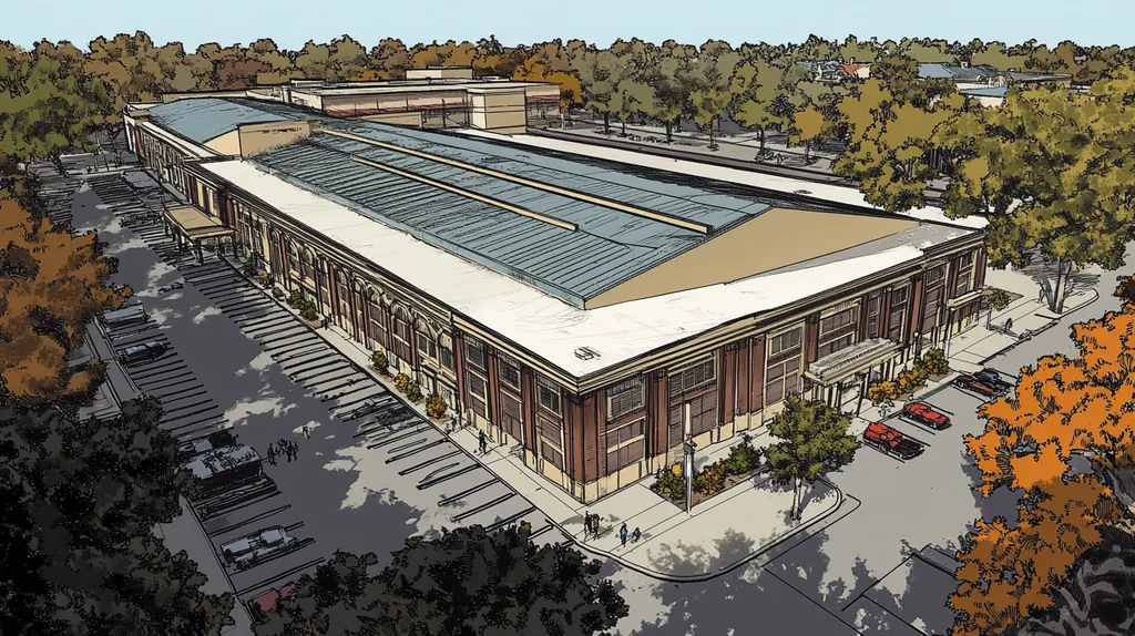 A commercial roof on a convention center in a location similar to Savannah with a comic book style aesthetic (AI image)