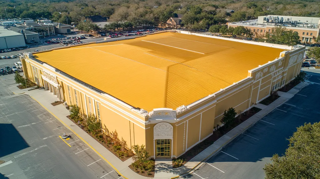 A commercial roof on a convention center in a location similar to Savannah with a solid gold aesthetic (AI image)