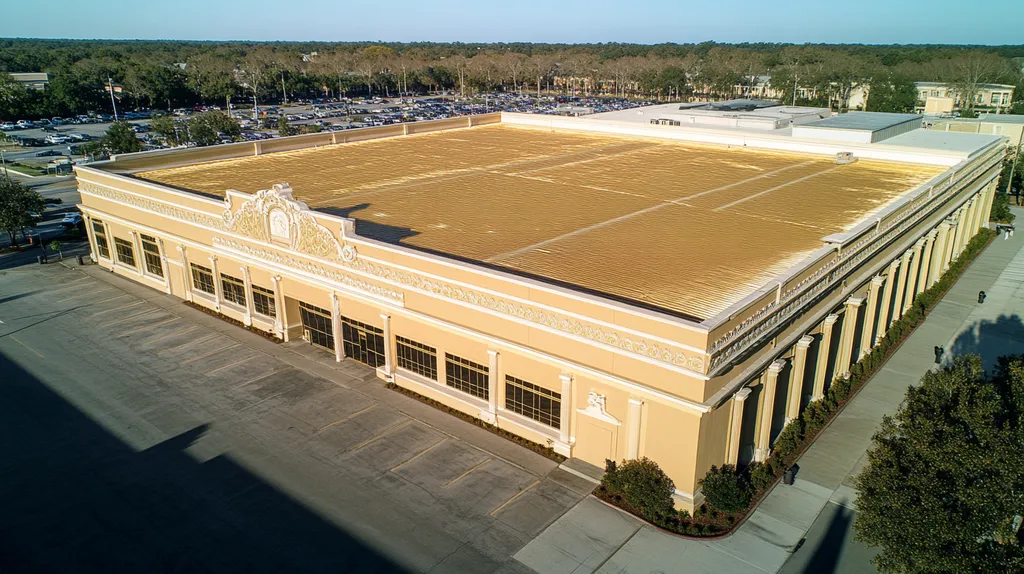 A commercial roof on a convention center in a location similar to Savannah with a solid gold aesthetic (AI image)