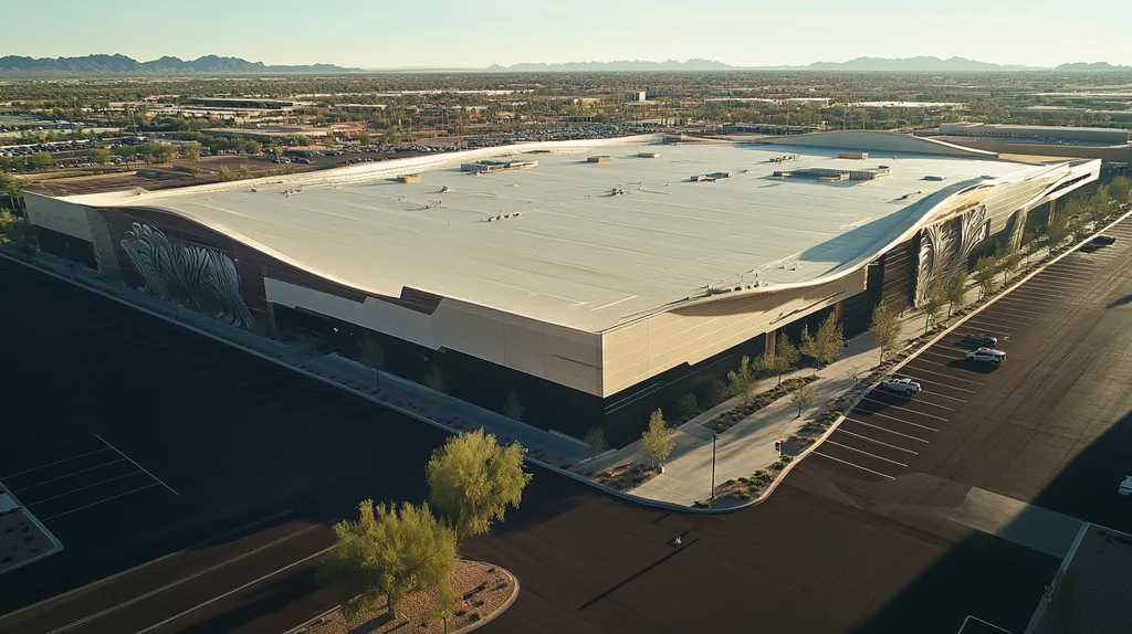 A commercial roof on a convention center in a location similar to Scottsdale with a futuristic aesthetic (AI image)