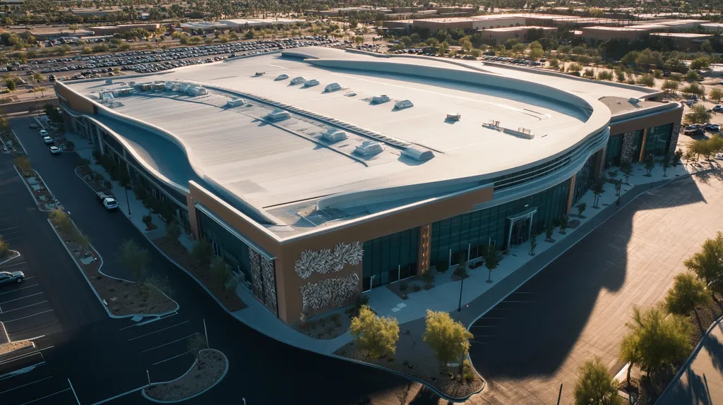 A commercial roof on a convention center in a location similar to Scottsdale with a futuristic aesthetic (AI image)