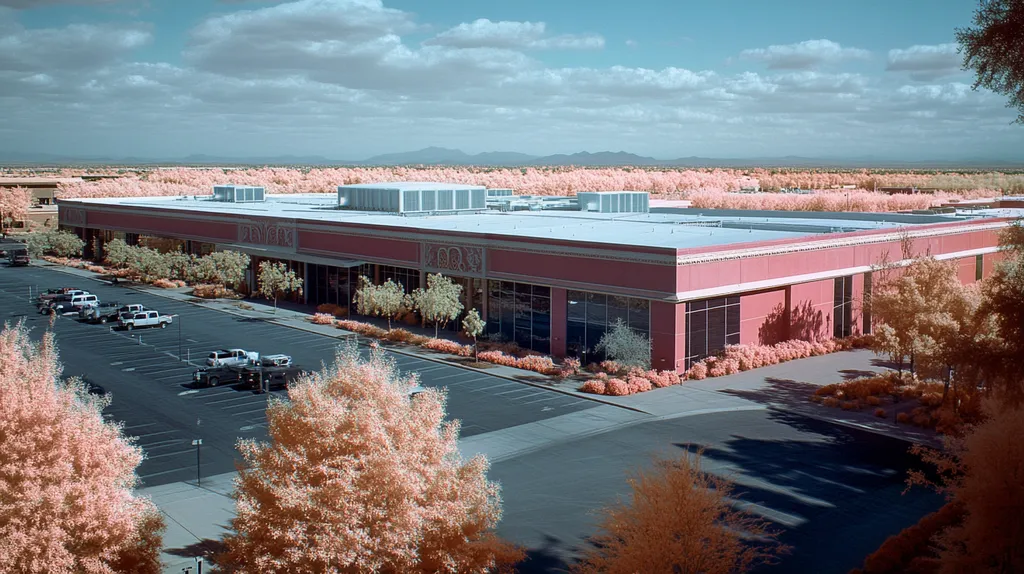 A commercial roof on a convention center in a location similar to Scottsdale with an infrared photography aesthetic (AI image)