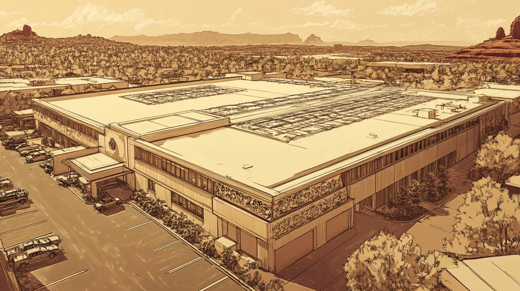A commercial roof on a convention center in a location similar to Sedona with an architectural sketch rendering aesthetic (AI image)
