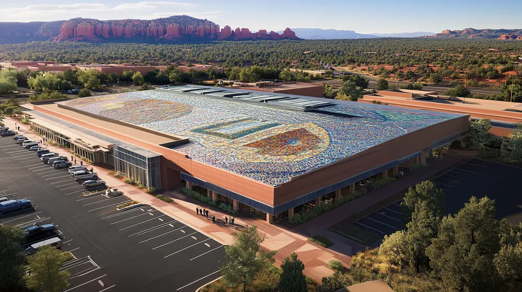 A commercial roof on a convention center in a location similar to Sedona with a mosaic tile art aesthetic (AI image)