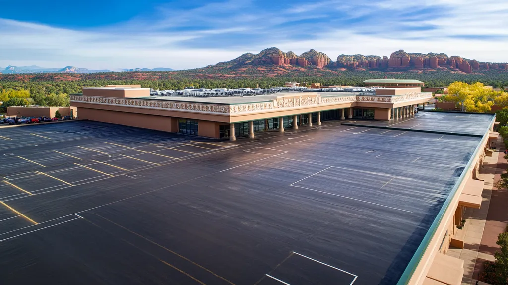 A commercial roof on a convention center in a location similar to Sedona with a rainy day aesthetic (AI image)