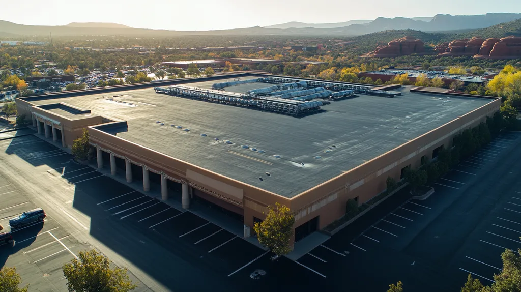 A commercial roof on a convention center in a location similar to Sedona with a rainy day aesthetic (AI image)