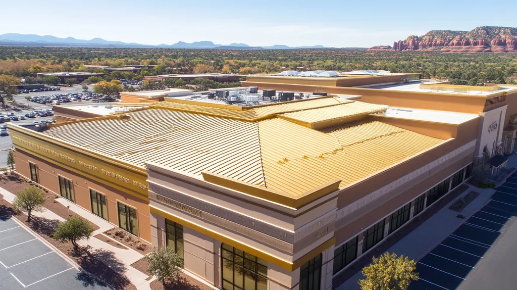 A commercial roof on a convention center in a location similar to Sedona with a solid gold aesthetic (AI image)