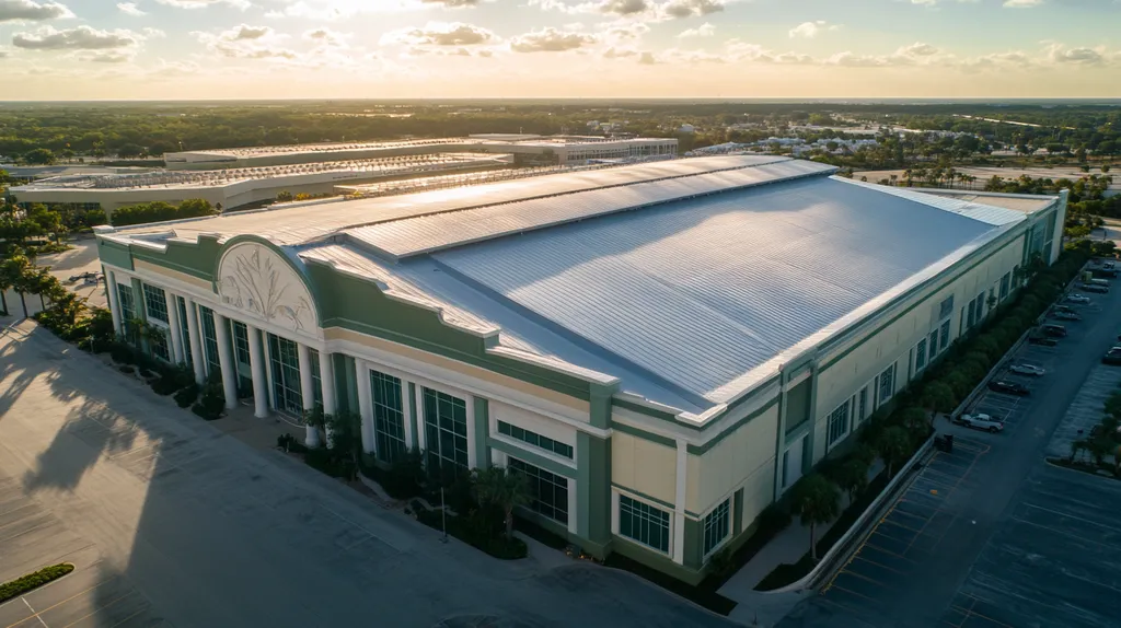 A commercial roof on a convention center in a location similar to Tampa with a light beams aesthetic (AI image)
