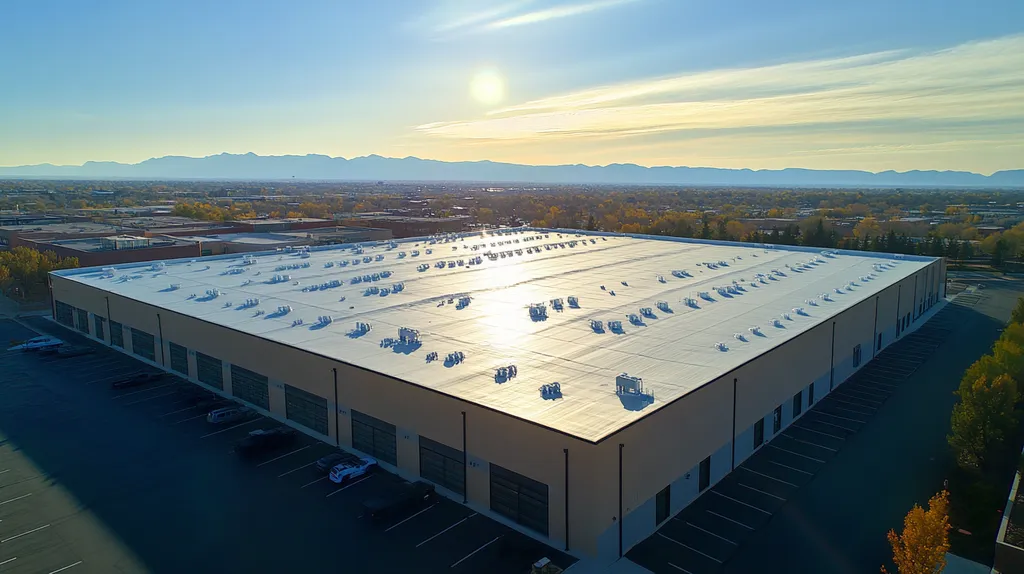 A commercial roof on a data center in a location similar to Denver with a light beams aesthetic (AI image)