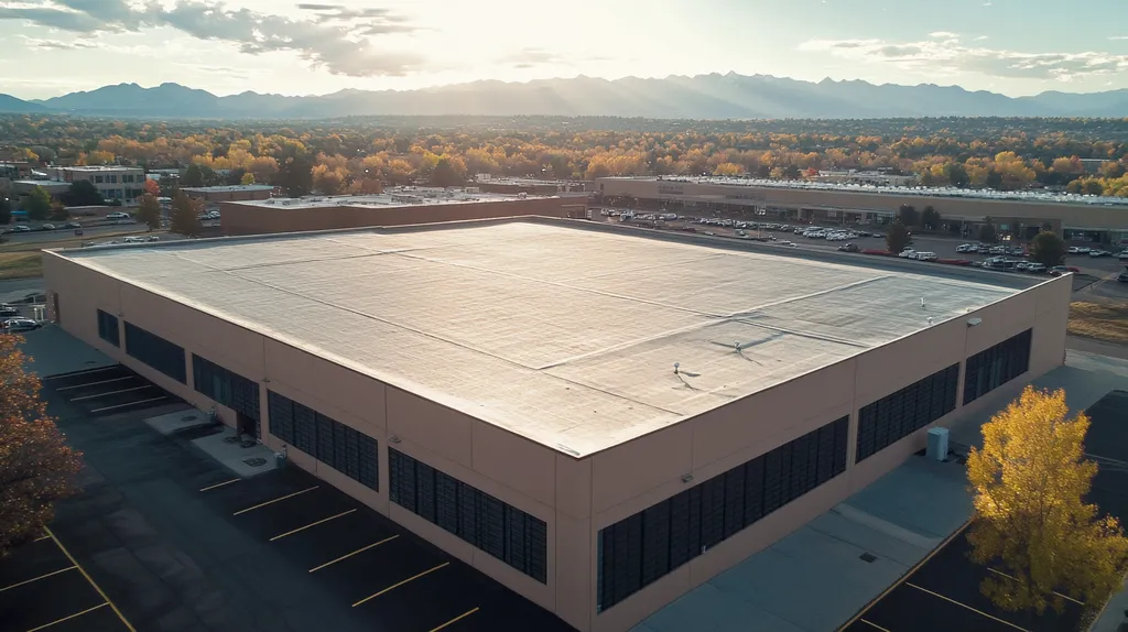 A commercial roof on a data center in a location similar to Denver with a light beams aesthetic (AI image)