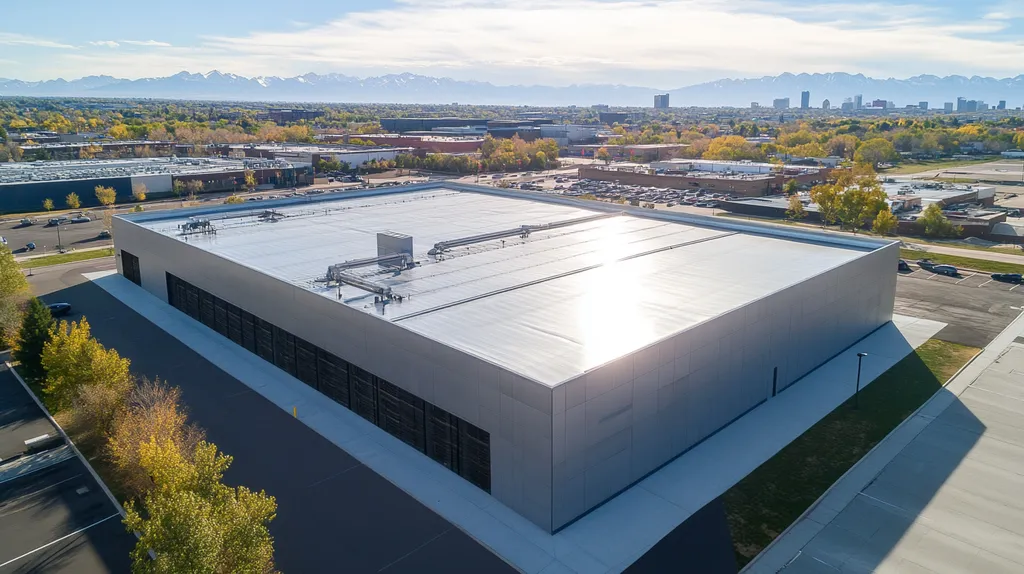 A commercial roof on a data center in a location similar to Denver with a stainless steel aesthetic (AI image)