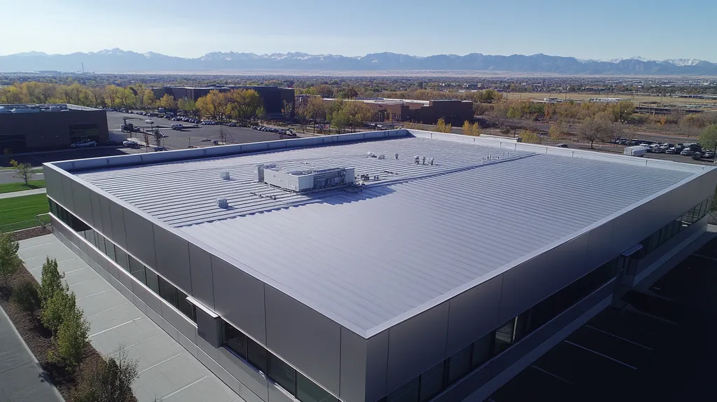 A commercial roof on a data center in a location similar to Denver with a stainless steel aesthetic (AI image)