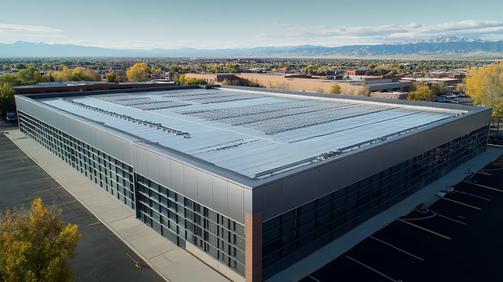 A commercial roof on a data center in a location similar to Denver with a stainless steel aesthetic (AI image)