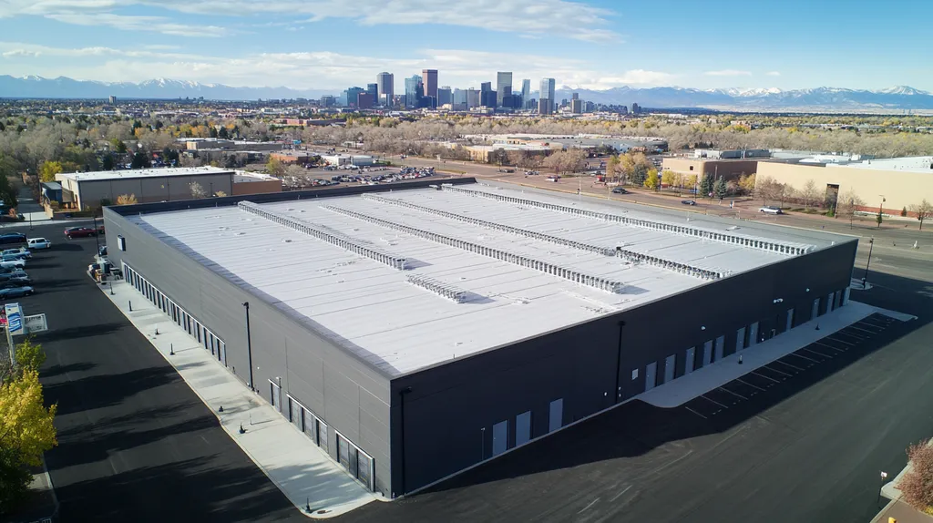 A commercial roof on a data center in a location similar to Denver with an urban context aesthetic (AI image)
