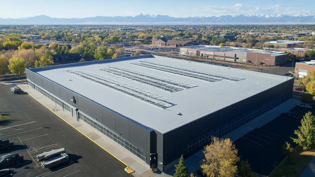 A commercial roof on a data center in a location similar to Denver with an urban context aesthetic (AI image)