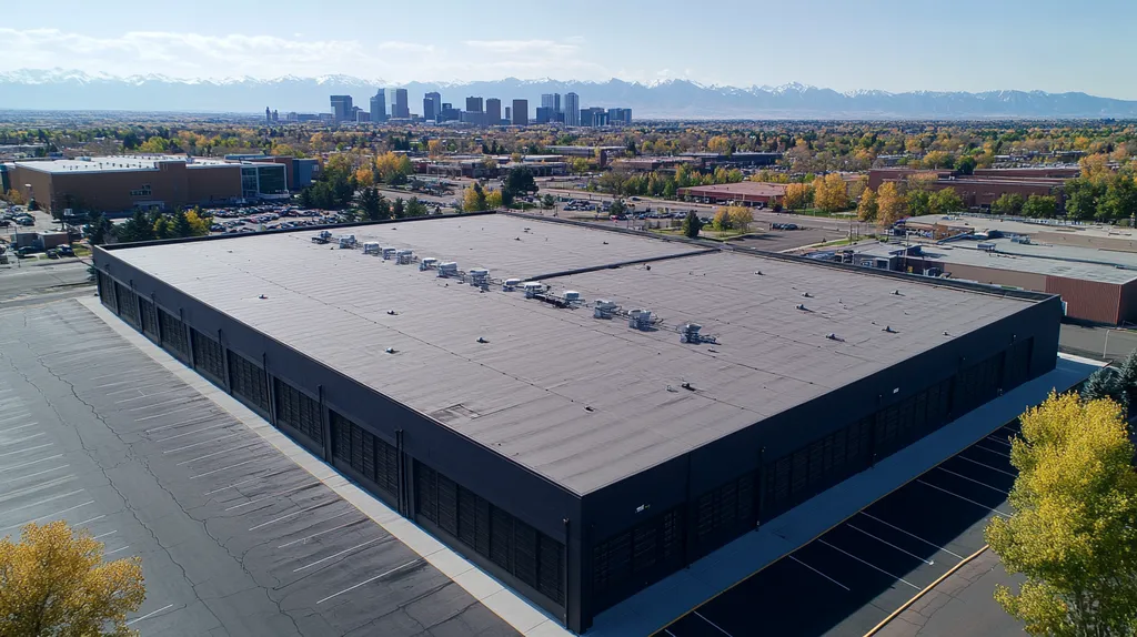 A commercial roof on a data center in a location similar to Denver with an urban context aesthetic (AI image)