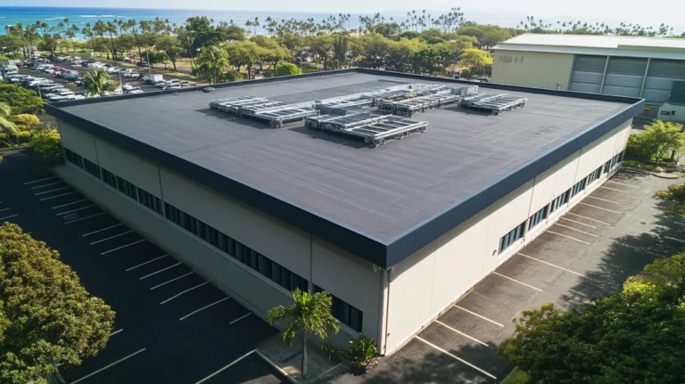 A commercial roof on a data center in a location similar to Honolulu with a comic book style aesthetic (AI image)