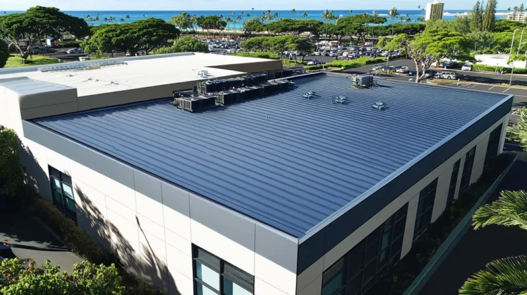 A commercial roof on a data center in a location similar to Honolulu with a comic book style aesthetic (AI image)