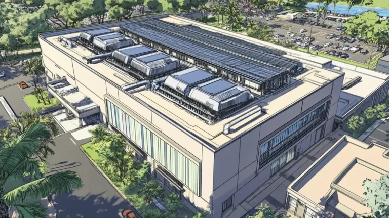 A commercial roof on a data center in a location similar to Honolulu with a comic book style aesthetic (AI image)