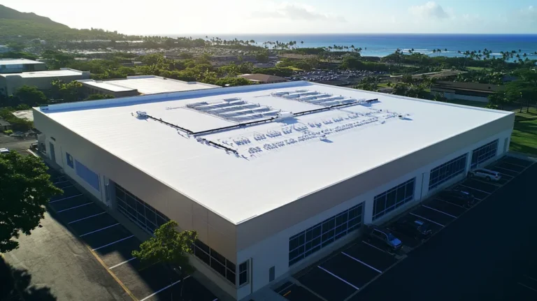 A commercial roof on a data center in a location similar to Honolulu with a snowy day aesthetic (AI image)