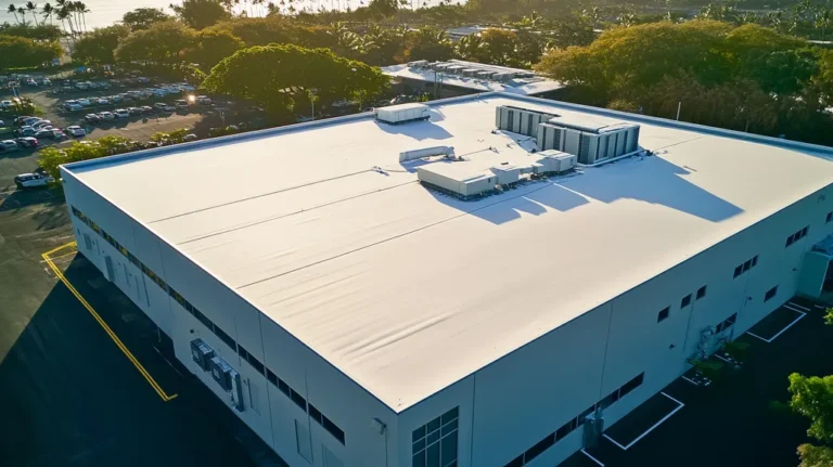 A commercial roof on a data center in a location similar to Honolulu with a snowy day aesthetic (AI image)