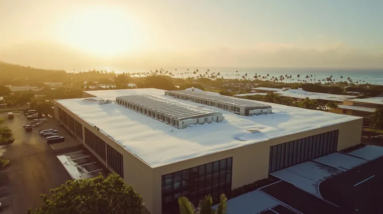 A commercial roof on a data center in a location similar to Honolulu with a snowy day aesthetic (AI image)