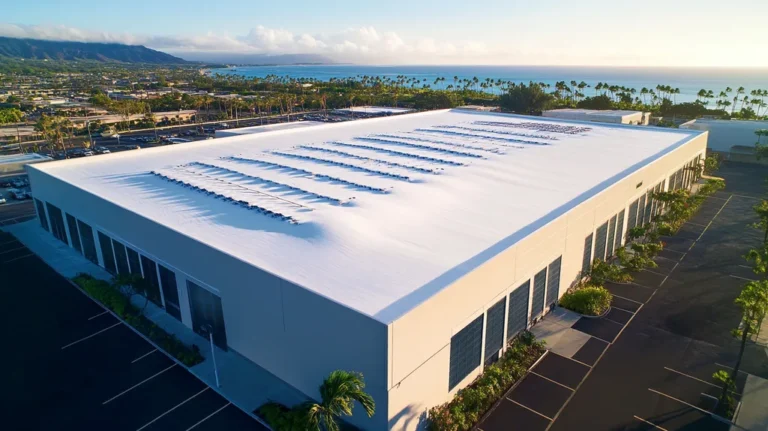 A commercial roof on a data center in a location similar to Honolulu with a snowy day aesthetic (AI image)