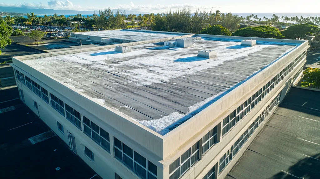 A commercial roof on a data center in a location similar to Honolulu with a snowy day aesthetic (AI image)