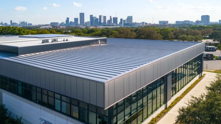 A commercial roof on a data center in a location similar to Houston with a stainless steel aesthetic (AI image)