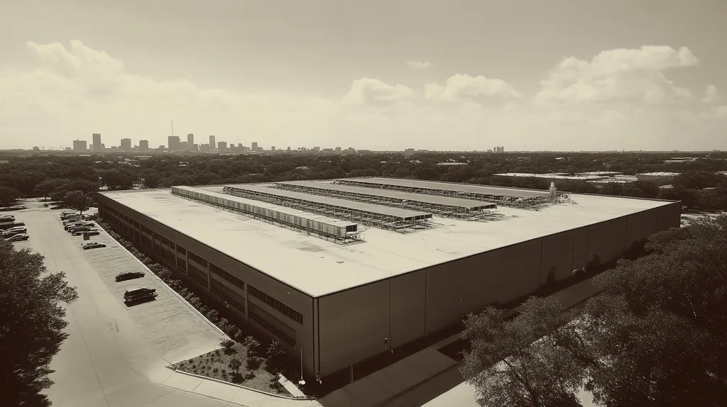 A commercial roof on a data center in a location similar to Houston with a tintype aesthetic (AI image)