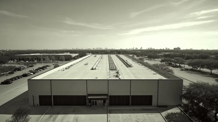 A commercial roof on a data center in a location similar to Houston with a tintype aesthetic (AI image)