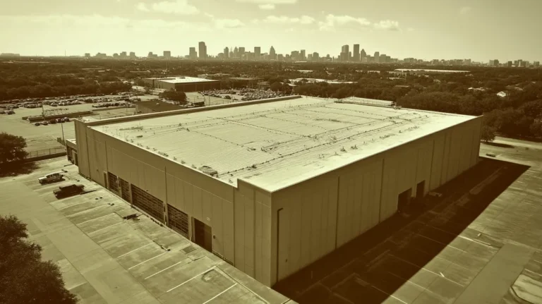 A commercial roof on a data center in a location similar to Houston with a tintype aesthetic (AI image)