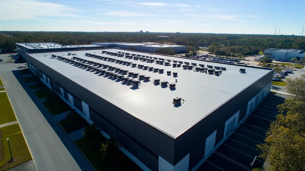 A commercial roof on a data center in a location similar to Jacksonville with a Polaroid aesthetic (AI image)