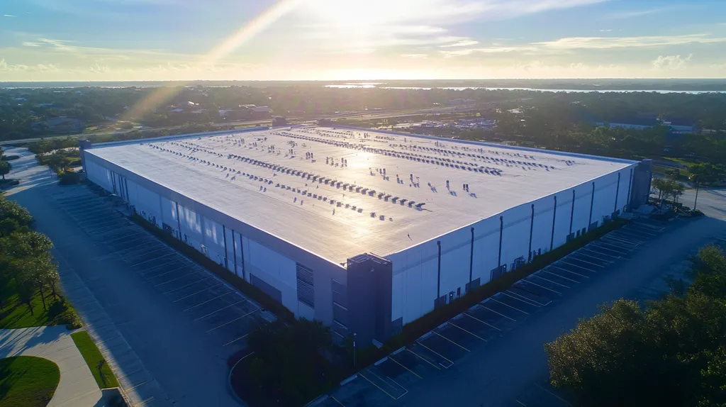 A commercial roof on a data center in a location similar to Jacksonville with a light beams aesthetic (AI image)