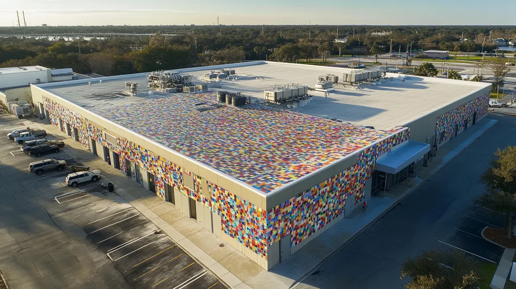 A commercial roof on a data center in a location similar to Jacksonville with a mosaic tile art aesthetic (AI image)