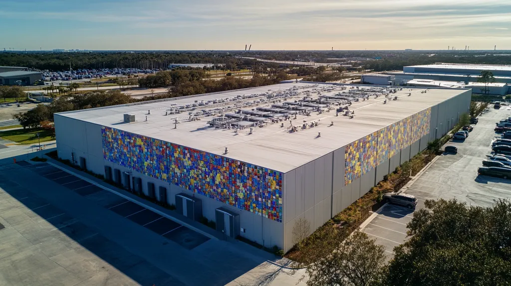 A commercial roof on a data center in a location similar to Jacksonville with a mosaic tile art aesthetic (AI image)