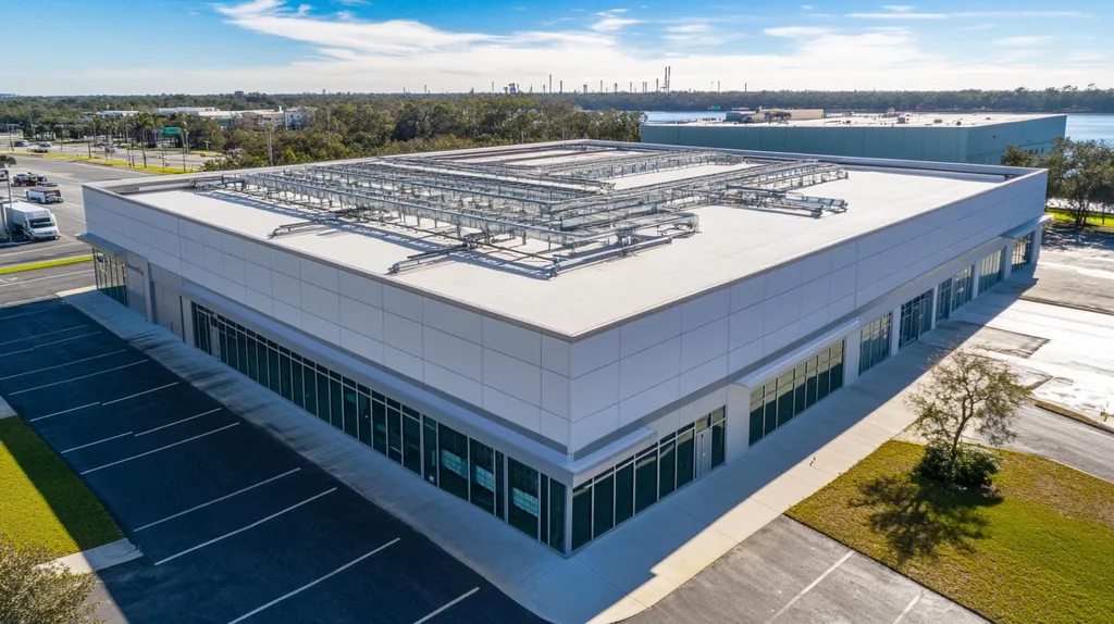 A commercial roof on a data center in a location similar to Jacksonville with a rainy day aesthetic (AI image)