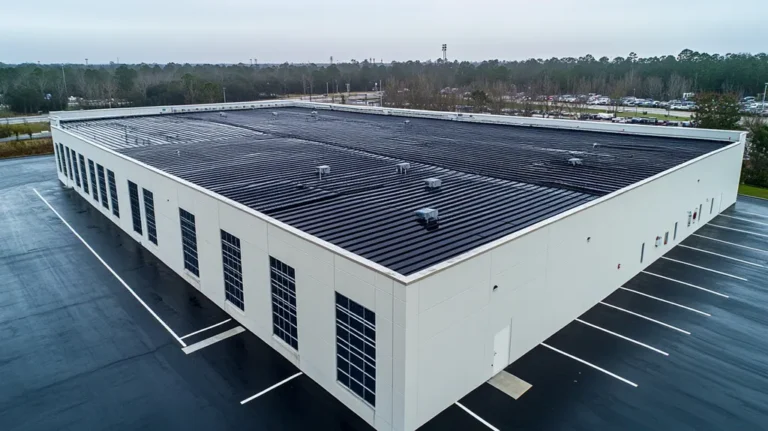 A commercial roof on a data center in a location similar to Jacksonville with a rainy day aesthetic (AI image)
