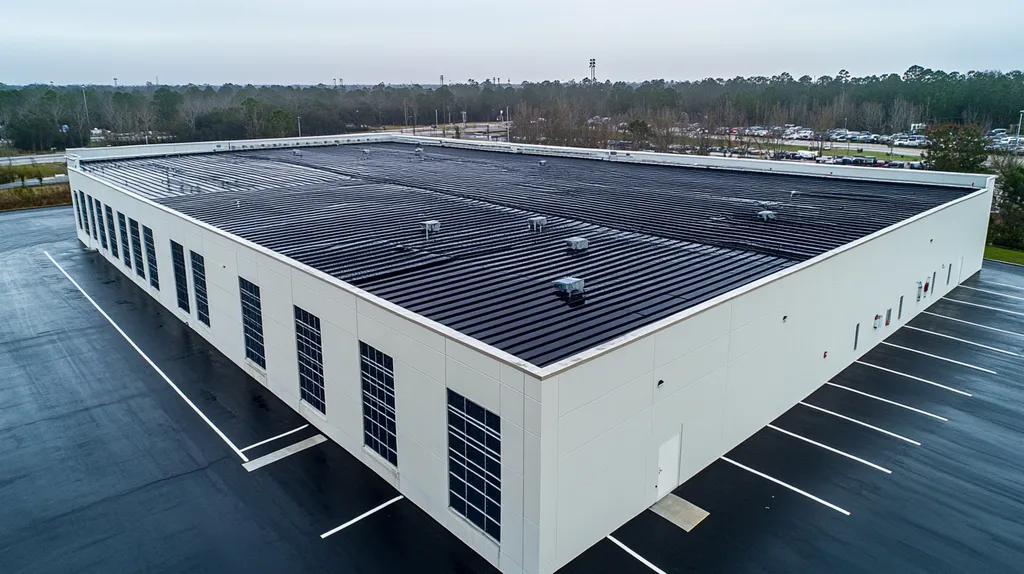 A commercial roof on a data center in a location similar to Jacksonville with a rainy day aesthetic (AI image)