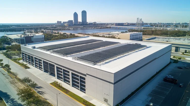 A commercial roof on a data center in a location similar to Jacksonville with an urban context aesthetic (AI image)